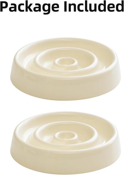 Ceramic Slow Feeder for Cats, Slow Food Bowl, Circle Shape (Bowl x 2 - Cream, 6inch)