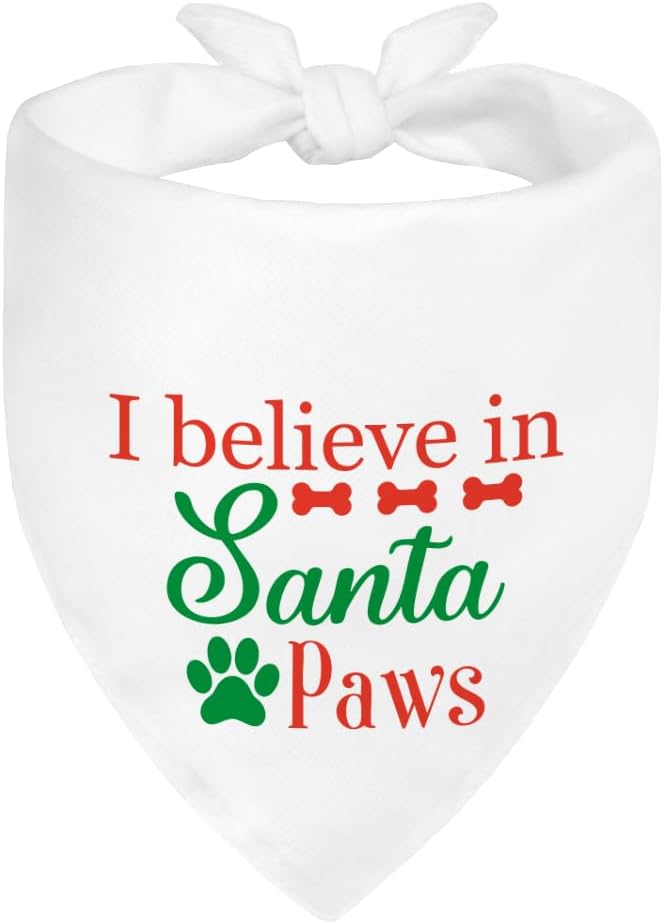 I Believe in Santa Paws White Dog Bandana, Christmas Birthday Gifts for Dog Owner Lover, Cute Puppy Scarf Photo Shoot for Holiday Party, Christmas Costume for Festive Celebration