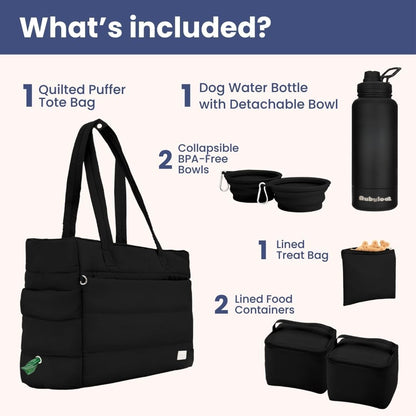 rubyloo Dog Mom Essentials Bundle - Puffer Tote with Storage Containers (Black) and 32 oz Water Bottle with Detachable Bowl (Solid Black) - Travel Bag and Hydration Set