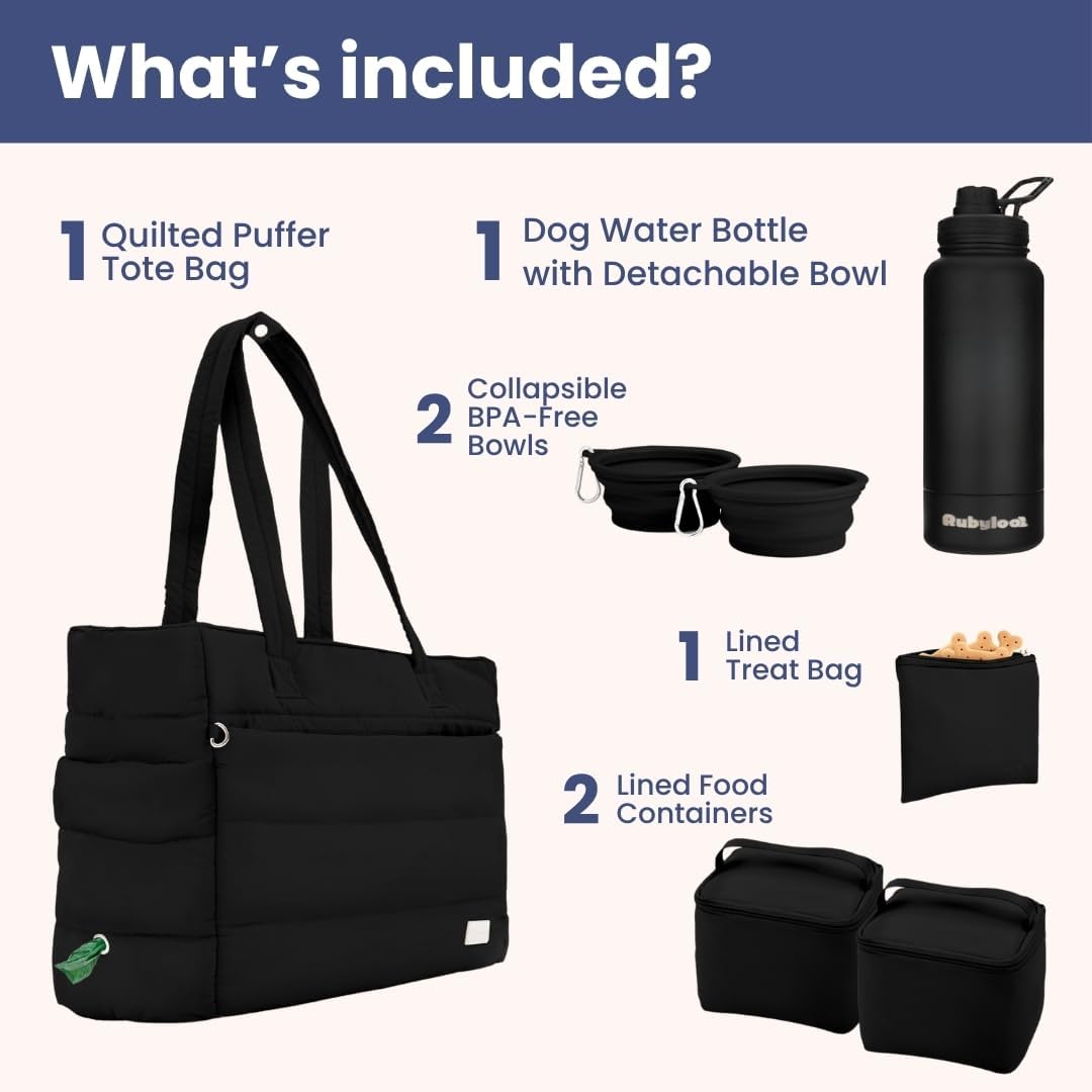 rubyloo Dog Mom Essentials Bundle - Puffer Tote with Storage Containers (Black) and 32 oz Water Bottle with Detachable Bowl (Solid Black) - Travel Bag and Hydration Set