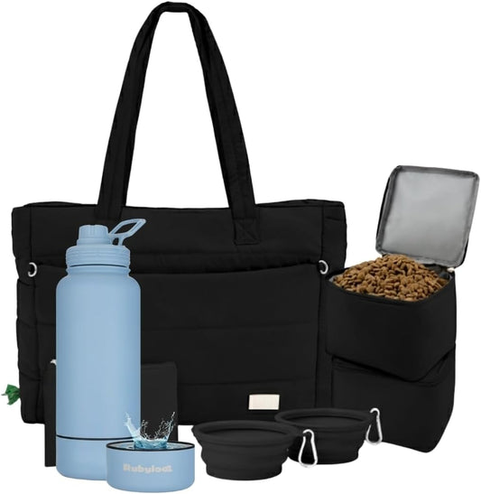 rubyloo Dog Mom Essentials Bundle - Puffer Tote with Storage Containers (Black) and 32 oz Water Bottle with Detachable Bowl (Solid Dusty Blue) - Travel Bag and Hydration Set