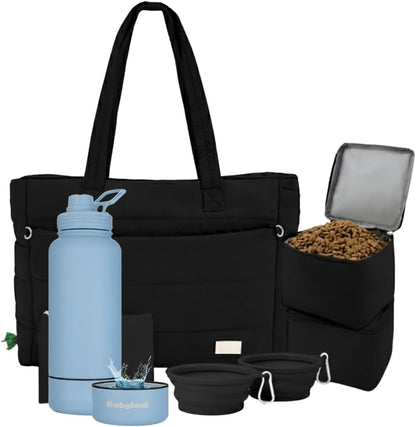 rubyloo Dog Mom Essentials Bundle - Puffer Tote with Storage Containers (Black) and 32 oz Water Bottle with Detachable Bowl (Solid Dusty Blue) - Travel Bag and Hydration Set