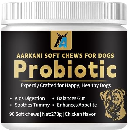 Aarkani Probiotic Supplement for Dogs – Promotes Digestive Health, Soothes Stomach, and Boosts Immunity – Chicken Flavor – Vet-Formulated– 90 Soft Chews