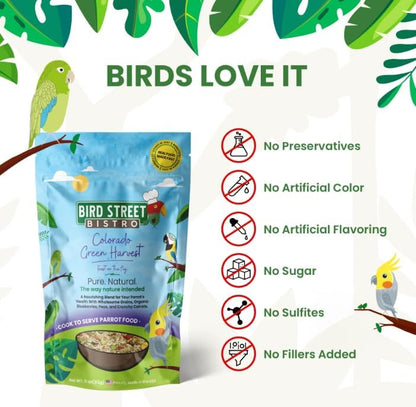 Bird Street Bistro Parrot Food - Parrot Food - Cooks in 3-15 min w/Natural & Organic Grains, Legumes, Non-GMO Fruits, Vegetables & Health-Oriented Spices.