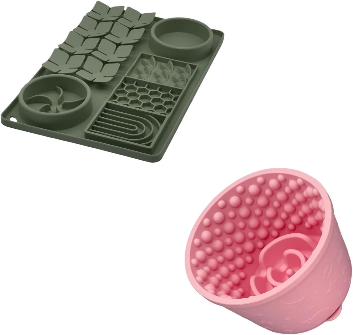 Slow Feeder Bowl Bundle: Dark Green 4in1 Licking mat (15.75" x 10.5" x 1.2") + Pink Starry Sky Feeder (4.3" x 2.9"), Silicone Lick mat with Suction Cups for Slow Eating and Keep Busy