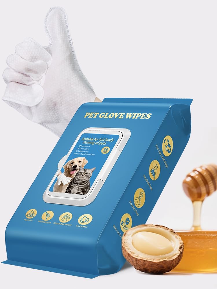 Pet Grooming Glove Wipes 20pcs,Disposable Cleaning Gloves for Dog Bath, Unscented, Pet Deodorant Bath Gloves, No-Rinse, Remove Odor, Extra Large, Thickened Wipes for Dog Cat Daily Care, Traveling