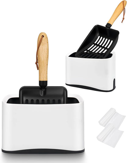 Cat Litter Scoop, Metal Litter Scoop with Holder, Heavy Duty Metal Cat Scooper for Litter Box, Black Sifter Scoop for Pellets, Wooden Handle Scoop with Hole, Kitty Necessity (5.5" Handle with Holder)