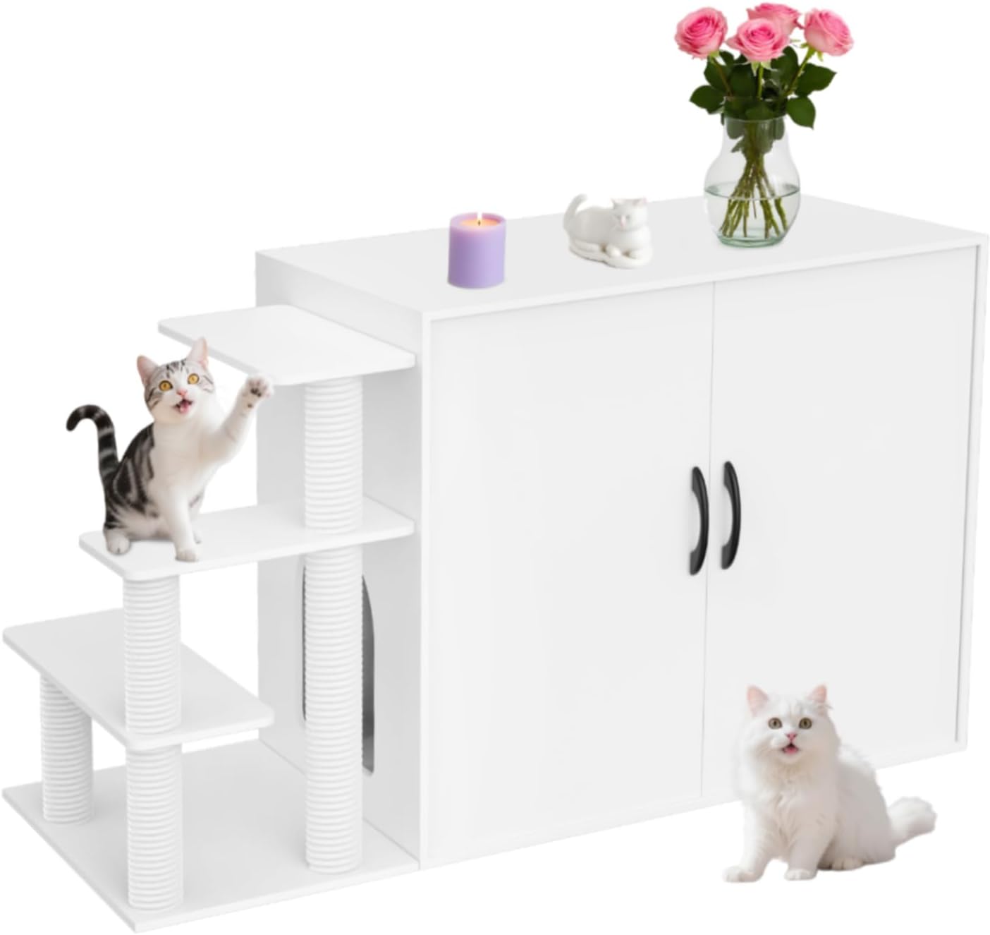 LuckyEnergy 2025 Upgraded 2-in-1 Cat Litter Box Furniture with Cat Tree – Hidden Odor Control Enclosure for 2 Cats, Dual Entry, Ventilation, Modern TV Stand Style