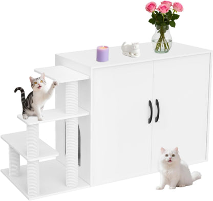 LuckyEnergy 2025 Upgraded 2-in-1 Cat Litter Box Furniture with Cat Tree – Hidden Odor Control Enclosure for 2 Cats, Dual Entry, Ventilation, Modern TV Stand Style