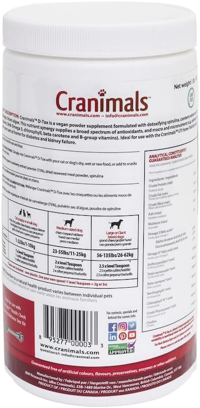 Cranimals D-Tox Daily Multivitamin for Dogs, Superfood Amino Acids, Antioxidants, DHA Fatty Acids, Vitamins E, B, D, Biotin, Minerals to Support Metabolic Function, Energy, Pet Wellness, Longevity
