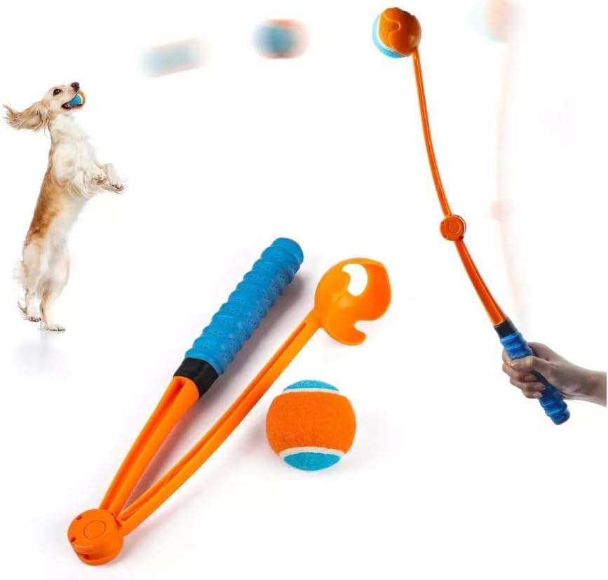 25“Dog Ball Launcher, Foldable Tennis Ball Thrower with Soft and Comfortable Tennis Racket-Like Handle Grip, 2.5 inch Ball Included