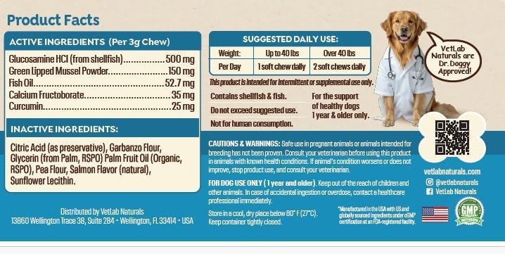 Hip & Joint Care Dog Supplement, Salmon Flavor Soft Chews with Glucosamine, Green Lipped Mussel, Fish Oil, Curcumin, Calcium Fructoborate – 30 Soft Chews3.5oz