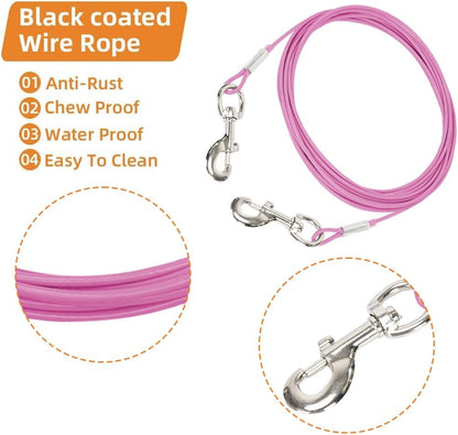 10FT Dog Tie-Out Cable for Small Dogs Up to 60 lbs - Chain Steel Dog Lead with Durable Clips, Outdoor Runner for Outside and Yard Tether (Pink, 60Ibs 20ft)