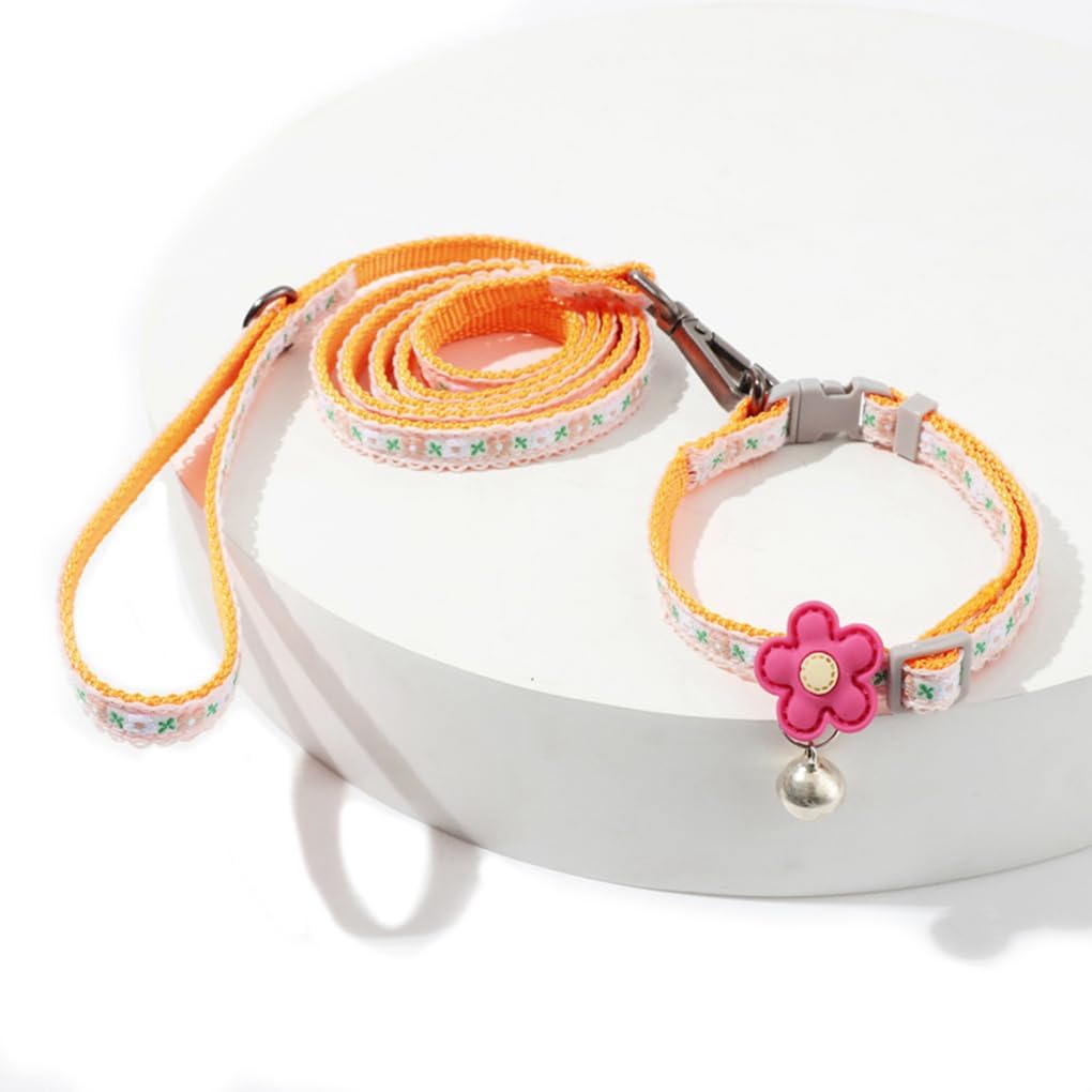 XXS Dog Collar with Bell Leash Set, Basic Floral Puppy Collars for Girls Xs Small Cat Pet Animal Litter Tiny Kitten, Orange White