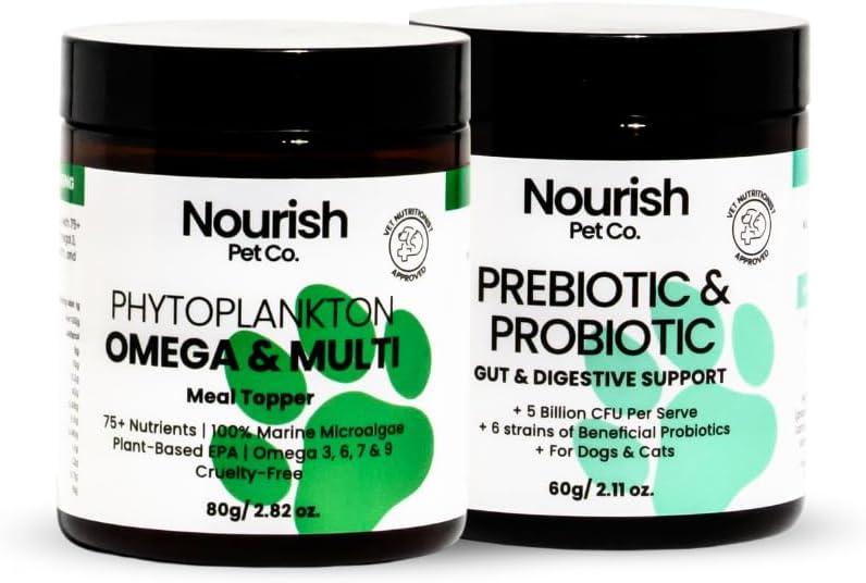 Wellness Bundle for Dogs or Cats – Prebiotic & Probiotics for Digestion & Immune Support – Phytoplankton Omega & Multi Supplement for Overall Health & Energy