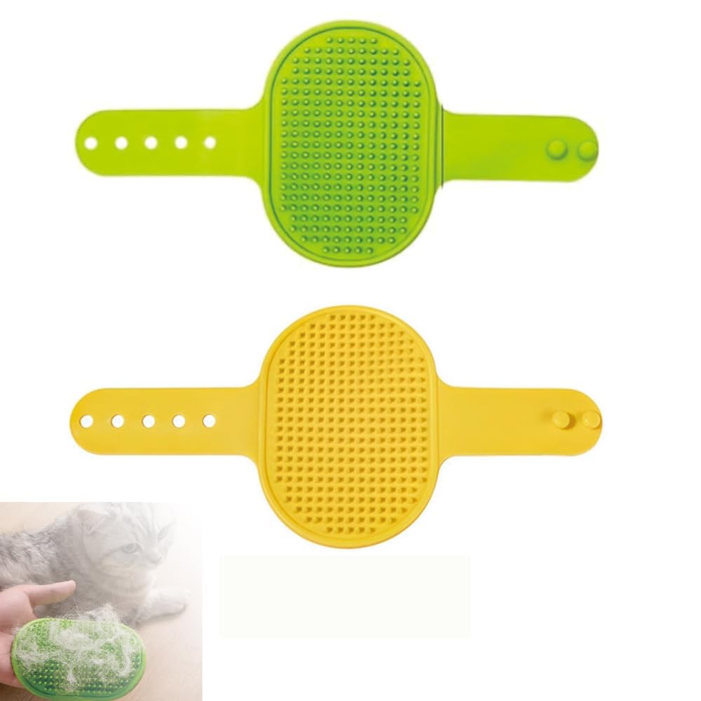 Silicone Pet Grooming Brush, Yellow and Green, Self Grooming Massager with Textured Pad, Cat Hair Care Tool,2pack