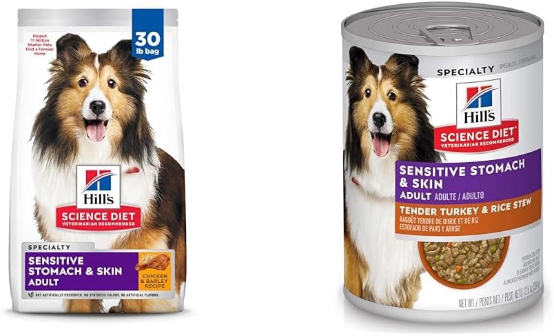 Hill's Science Diet Adult 1-6 Sensitive Stomach & Skin Dry Dog Food, Chicken Recipe, 30 lb. Bag Sensitive Stomach & Skin Wet Dog Food, Turkey & Rice Stew, 12.5 oz. Can, 12-Pack