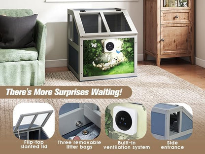 2-Tier Wooden Cat Litter Box Enclosure, Cat Toilet with Air Purifier, Openable Top, Litter Bags, Scoop, Low-Tracking, Odor Control, Kitty Litter House Cabinet Furniture, Gray