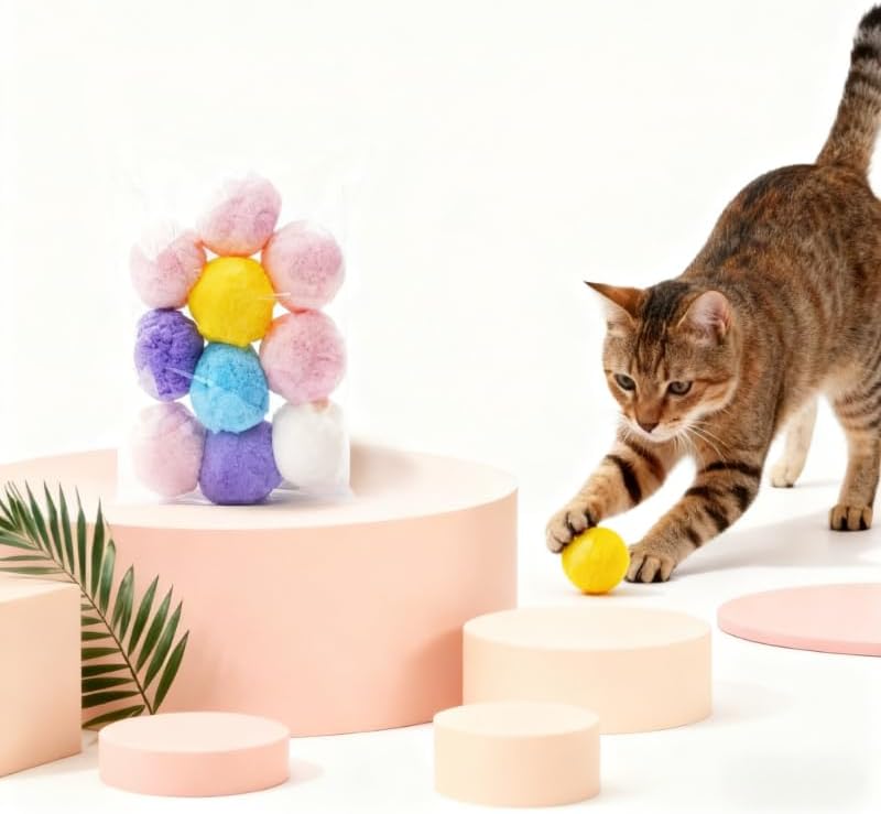 10Pcs Soft Plush Cat Ball 1.2-inch Rainbow Cat Toy, Cat Toy Plush Balls – Self-Entertainment Quiet Play Balls for Cats, Mixed Colors