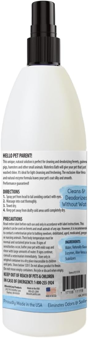 Miracle Care Waterless Bath for Ferrets and Small Animals, 8 Ounce, Coat Cleanser and Deodorizer, No Rinse, Enzyme Powered Bath Spray
