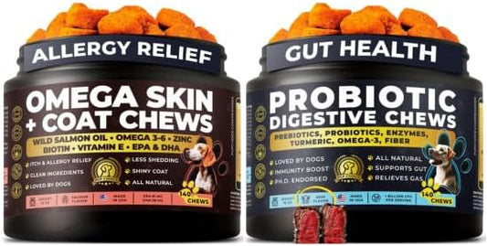 Probiotic + Omega-3 Dog Supplement Bundle — Daily Chews with Probiotics & Salmon Oil, Biotin & Zinc — Supports Digestive, Immune, Skin, Coat & Joint Health — 140 + 140 Chews