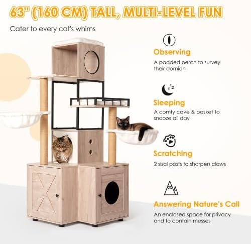 63" Multi-Functional Cat Tree with Litter Box - Includes Removable Washable Cushion, Scratching Posts & Toy Hanger, Modern Design, Rustic Gray