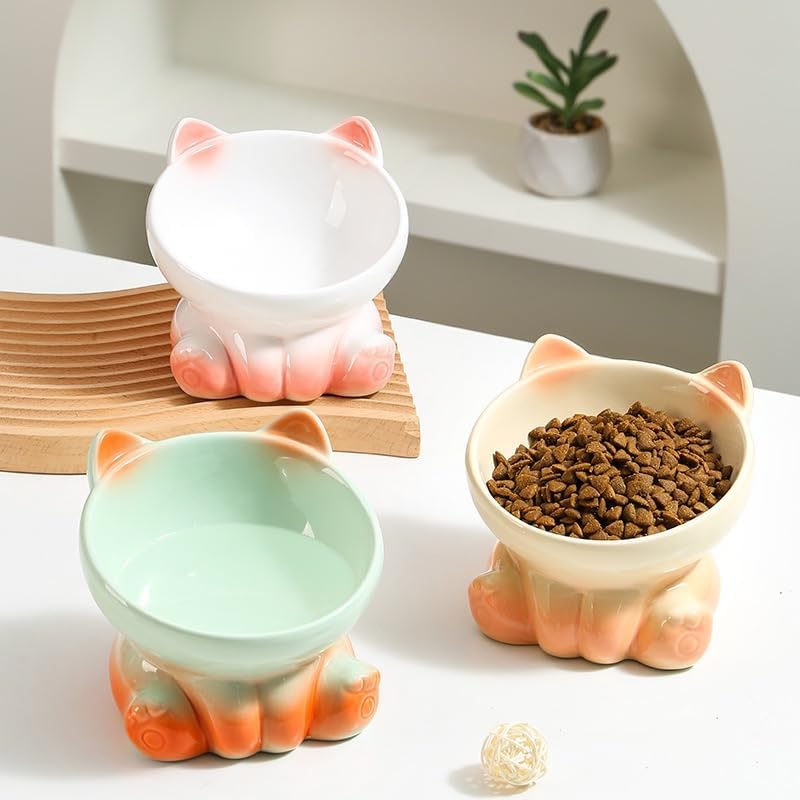 Paw Feeder Cat Bowl, Elevated Ceramic Cat Bowls for Small & Medium Cats – Slow Feeder Bowl, Kitten Essentials, Pet Supplies, Durable & Easy to Clean (Green)