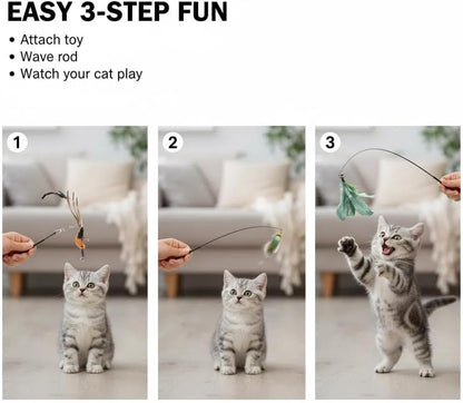 9 Pcs Interactive Cat Feather Toys for Indoor Self Play & Exercise, Cat Wand Toy, 2 Play Modes Kitten Teaser Wand, Reusable Suction Cup Kitten Toys