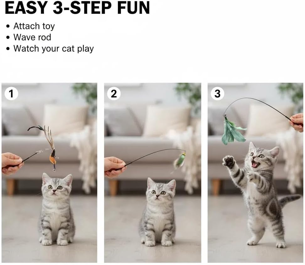 9 Pcs Interactive Cat Feather Toys for Indoor Self Play & Exercise, Cat Wand Toy, 2 Play Modes Kitten Teaser Wand, Reusable Suction Cup Kitten Toys