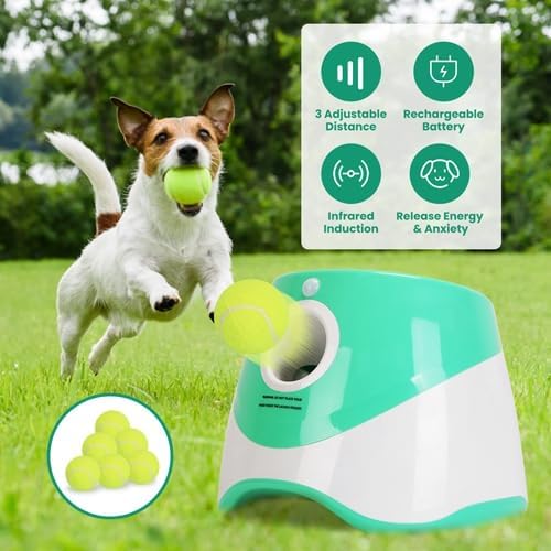 Automatic Dog Ball Launcher, Dog Ball Thrower Interactive Fetch Machine with 6 Tennis Balls 3 Adjustable Launch Distance for Small Medium Dogs