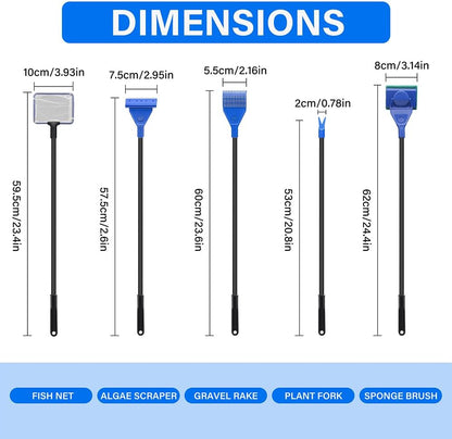 5 in 1 Fish Tank Cleaner Kit Aquarium Cleaning Tools with 19 Inch Anti-Slip Handle Fish Tank Cleaner with Algae Scraper and Fish Net