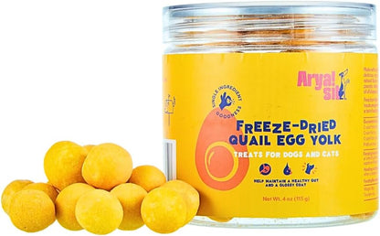 Freeze-Dried Single Ingredient Treat (Quail Egg Yolk) for Dogs and Cats - High Protein · Rich in Lecithin for Healthy Coat · No Artificial Ingredients · 4 oz/8 oz