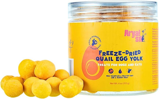 Freeze-Dried Single Ingredient Treat (Quail Egg Yolk) for Dogs and Cats - High Protein · Rich in Lecithin for Healthy Coat · No Artificial Ingredients · 4 oz/8 oz