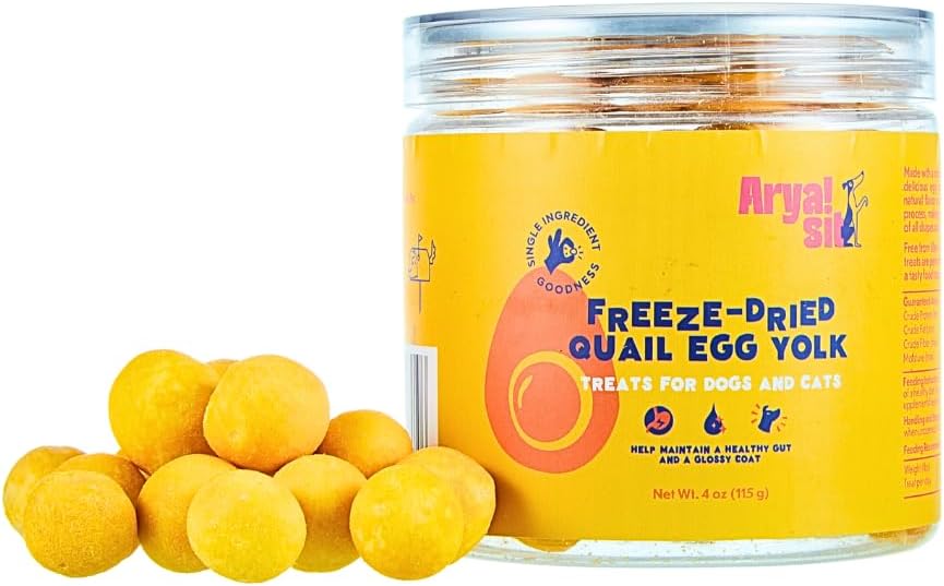 Freeze-Dried Single Ingredient Treat (Quail Egg Yolk) for Dogs and Cats - High Protein · Rich in Lecithin for Healthy Coat · No Artificial Ingredients · 4 oz/8 oz