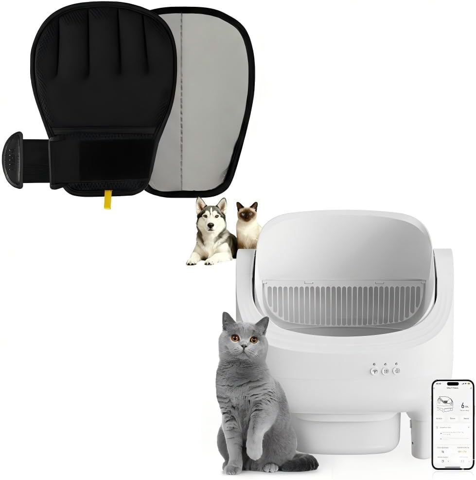 Auto Self-Cleaning Litter Box + Pet Hair Remover Glove Bundle, Open-Top Box with 10.5L Bin & Grooming Glove