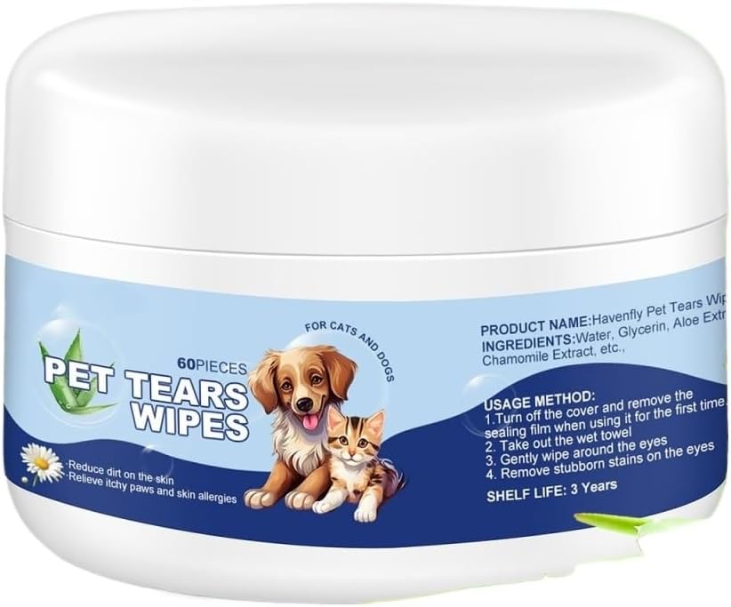 60Pcs Eyes Wipes for Dogs & Cats - Gently Remove Tear Stain, Debris, Discharge, Non Stinging Formula to Remove Eye Debris,Pet Cleaning Grooming Deodorizing Wipes Wash Cleaner for Eyes, Wrinkle, Face