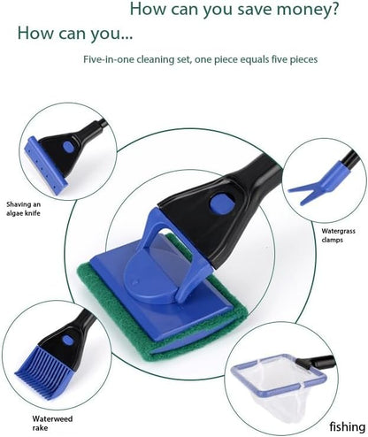 Fish Tank Glass Cleaning Brush, Aquarium Tool, Fishing net for Collecting Aquatic Plants, Algae Scraper, Long-Handled Multi-Functional Cleaning Set