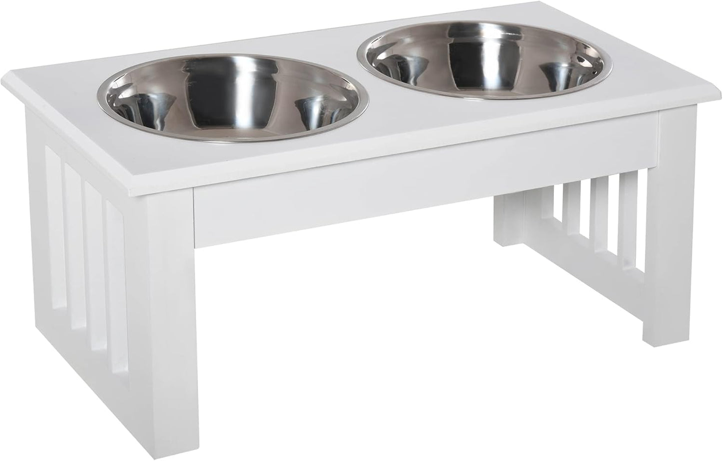 GREAZ Elevated Dog Feeding Station for Small Puppies, Stainless Steel Bowls & Modern Wooden Frame, White