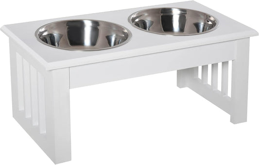 GREAZ Elevated Dog Feeding Station for Small Puppies, Stainless Steel Bowls & Modern Wooden Frame, White