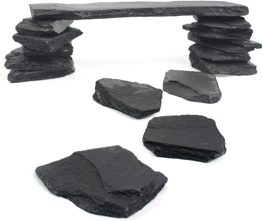 Natural Slate Stone Rocks, Mix of Stones 2 to 3 inches and 1 Piece About 8 inches - for Aquariums and Terrariums, Aquascaping (3 Pounds)