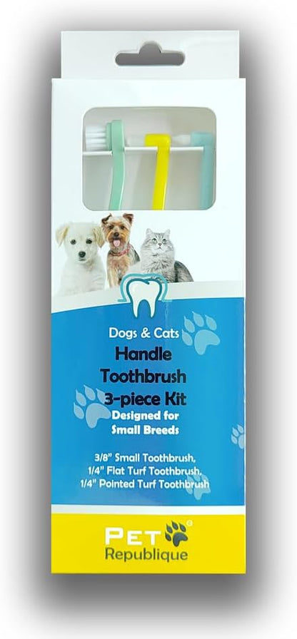 Pet Republique Extra Small Breed Toothbrush Kit for Dogs & Cats, 1/4” PointedBrush, 1/4” FlatBrush, 3/8” RegularBrush (3-Piece Kit); Works on Yorkie, Chihuahua, Pomeranian, and Miniature Breeds