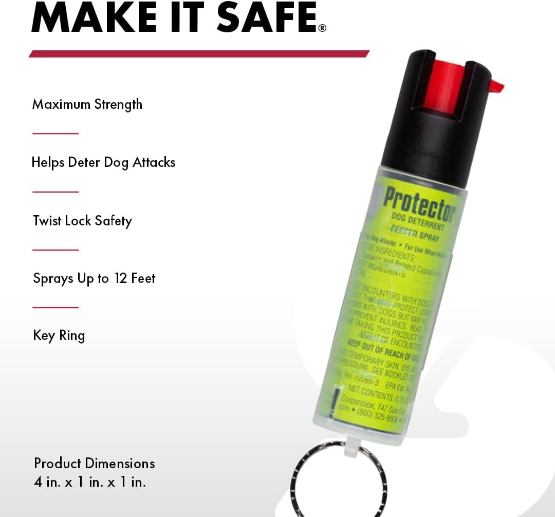 SABRE Protector Dog Spray with Key Ring, 14 Bursts, 12-Foot (4-Meter) Range, Humane Dog Attack Deterrent, Maximum Strength Allowed By EPA