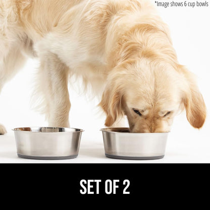 GORILLA GRIP Dog Bowls, Holds 2 Cups Each (16 fl oz), Heavy Duty Stainless Steel Food and Water Bowl for Feeding Dogs and Cats, Dishwasher Safe, Rust Resistant, BPA Free Rubber Base, Set of 2 Gray
