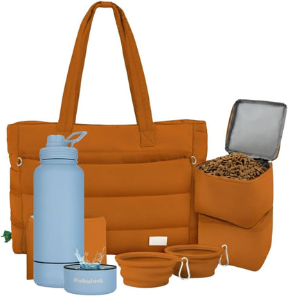 rubyloo Dog Mom Essentials Bundle - Puffer Tote with Storage Containers (Rust) and 32 oz Water Bottle with Detachable Bowl (Solid Dusty Blue) - Travel Bag and Hydration Set