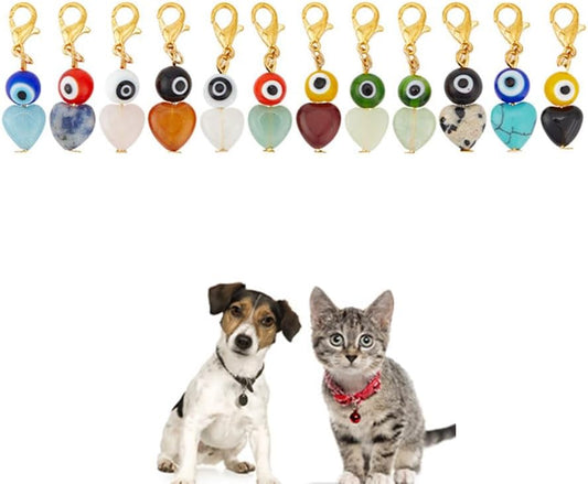 12pcs Evil Eye Heart Collar Pendants for Cat Dog, Gemstone Jewelry Charms Lampwork Pet Collar Pendants Clip-on Charms for Bag Decor Keychain Pet Necklace Training Home Decoration