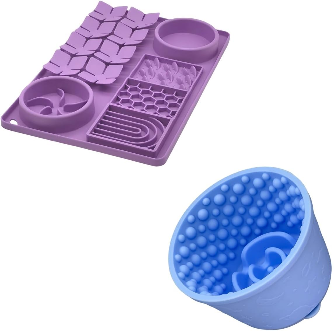Slow Feeder Bowl Bundle: Purple 4in1 Licking mat (15.75" x 10.5" x 1.2") + Light Blue Starry Sky Feeder (5.3" x 3.7"), Silicone Lick mat with Suction Cups for Slow Eating and Keep Busy