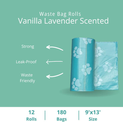 Vanilla Lavender Scent 180 Dog Poop Bags Rolls (12 rolls) & 25 Individual Pet Wipes - 2 in 1 Calming Cleaning Kit for Pet Owners, Cat Litter, Dog Leash, Pet Supplies, Puppy Pads.