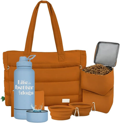rubyloo Dog Mom Essentials Bundle - Puffer Tote with Storage Containers (Rust) and 32 oz Water Bottle with Detachable Bowl (Life is Better with Dogs) - Travel Bag and Hydration Set