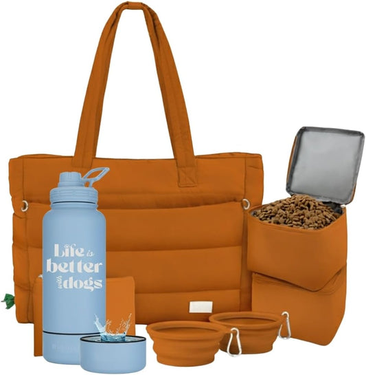 rubyloo Dog Mom Essentials Bundle - Puffer Tote with Storage Containers (Rust) and 32 oz Water Bottle with Detachable Bowl (Life is Better with Dogs) - Travel Bag and Hydration Set