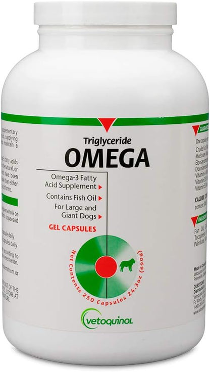 Vetoquinol Triglyceride Omega 3 Supplement for Large Dogs, Dog Fish Oil Supplement with EPA and DHA, Promotes Skin, Coat, Joint, and Immune Health, Omega 3 Fish Oil for Dogs 60lbs or More, 250ct